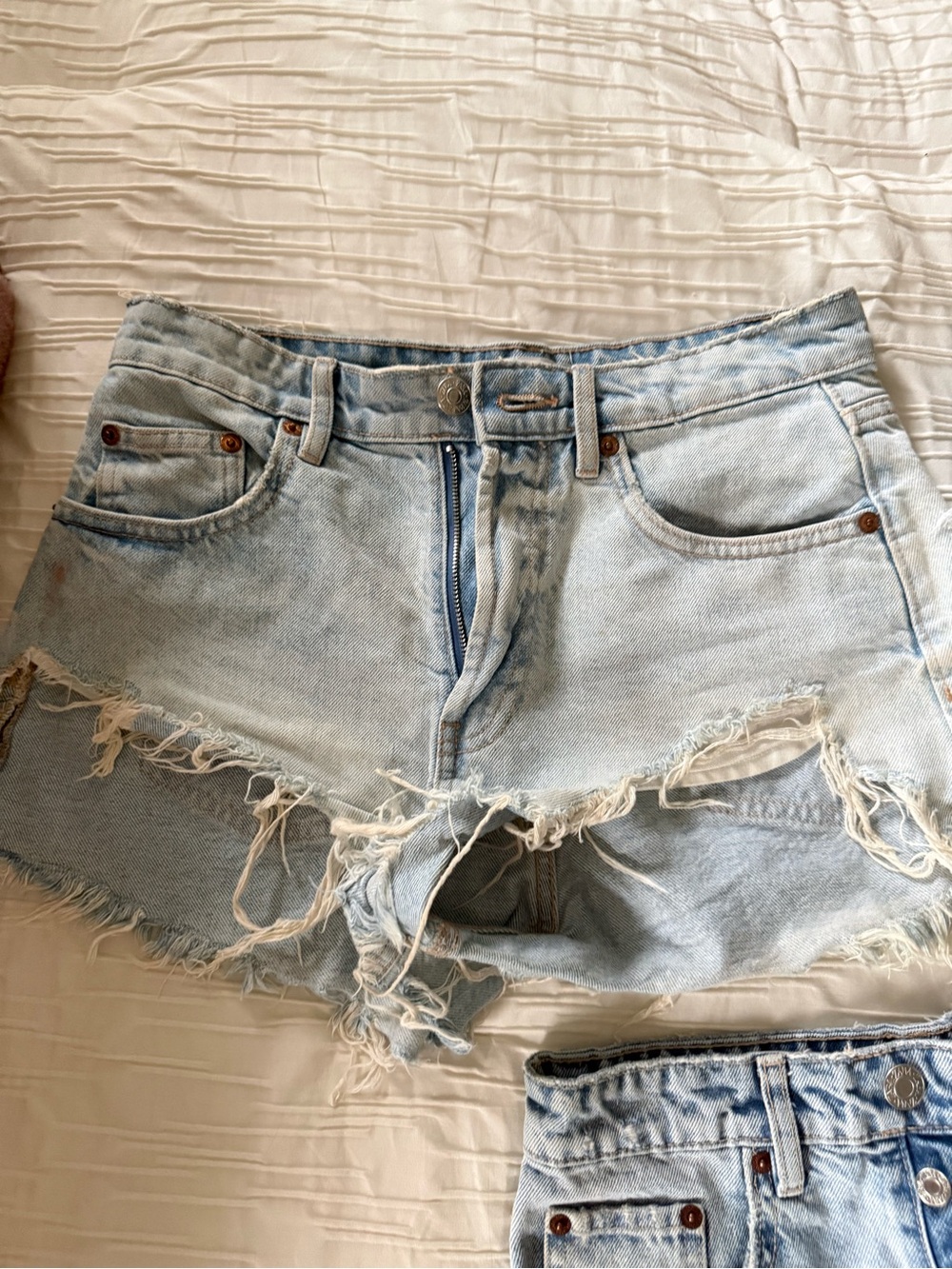 Light Blue Distressed Denim Jean Shorts with Frayed Hem